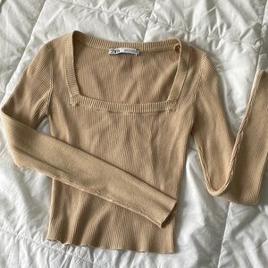 Zara Light Brown Square Neck Sweater Top